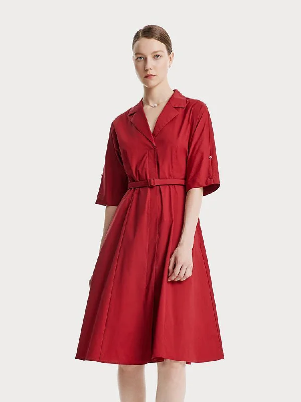 Red Lapel Cotton Dress Tunics Luxurious premium