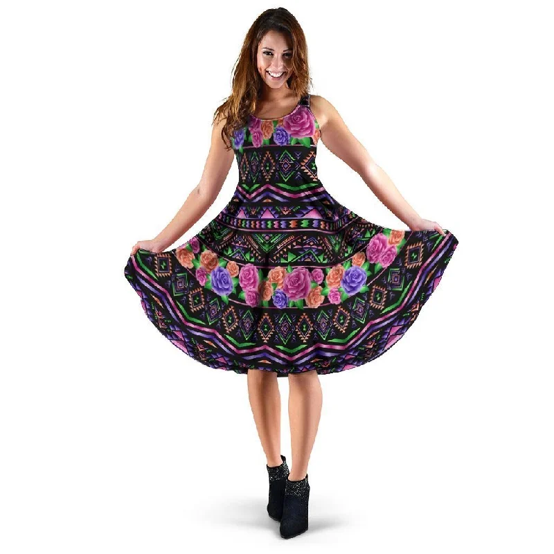 Multicolor Roses Ethnic Tribal Aztec Dress Crew Neckline Sporty