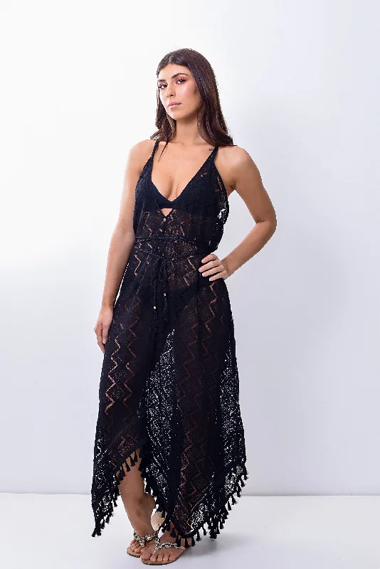 Black Lace Assimetric Long Dress Tunic Top Casual