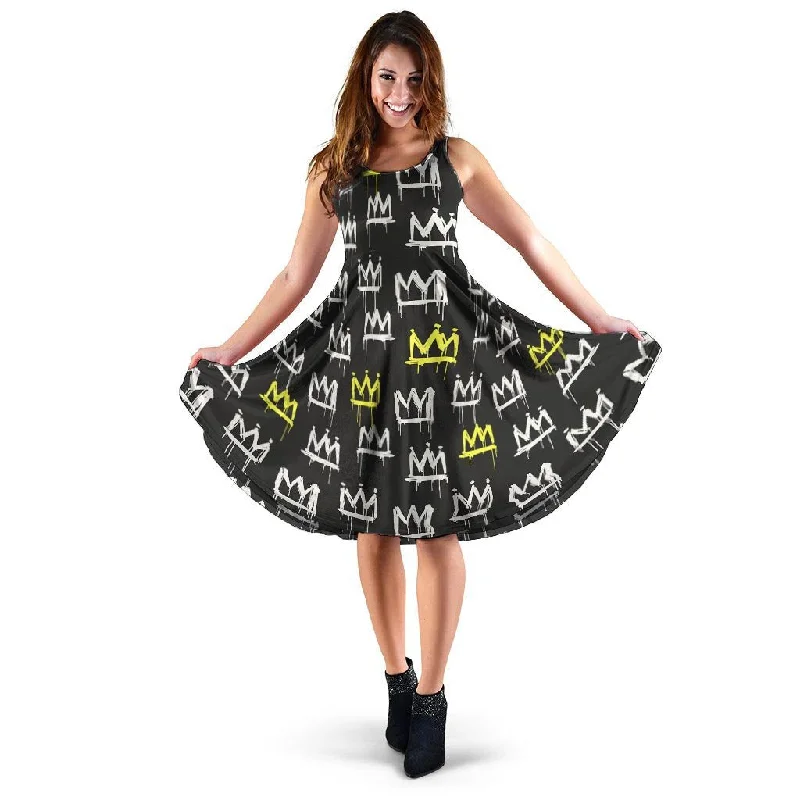 Graffiti Hiphop White And Yellow Crown Print Dress Tunics Stylish modern