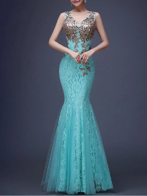 BerriesJam - Mermaid Sleeveless Tulle Formal Lace Evening Dress Tunics Handmade artisanal