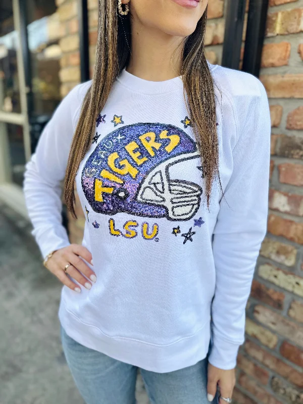 LSU Helmet Sequin Sweatshirt- White Hoodie with V-Neck Classic Versatile