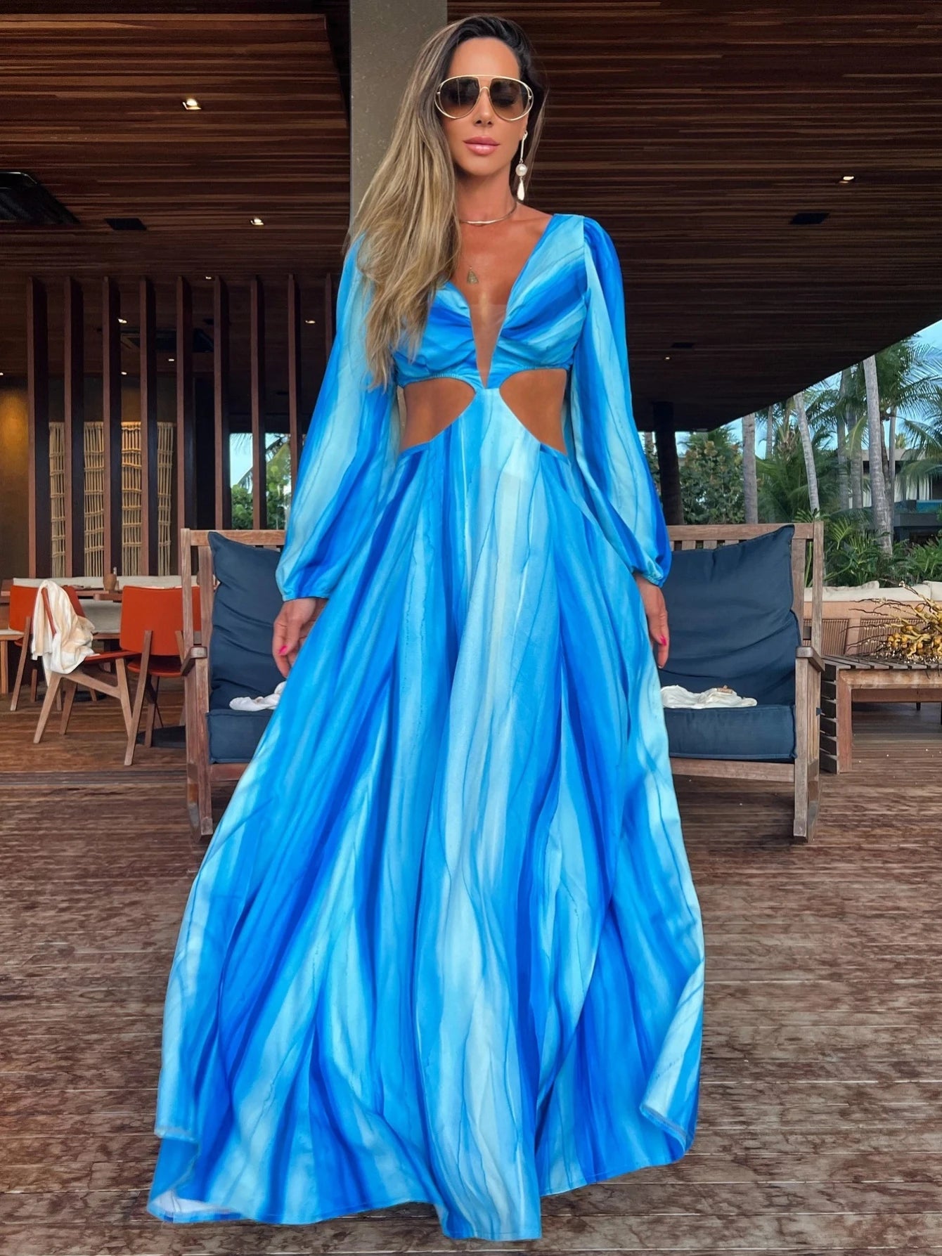 Deep V Hollow Waist Boho Summer Dresses Tunics Satin smooth