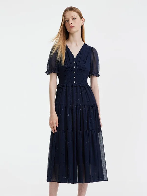 V-Neck Mesh Sequins Dress Tunics Practical easy-care
