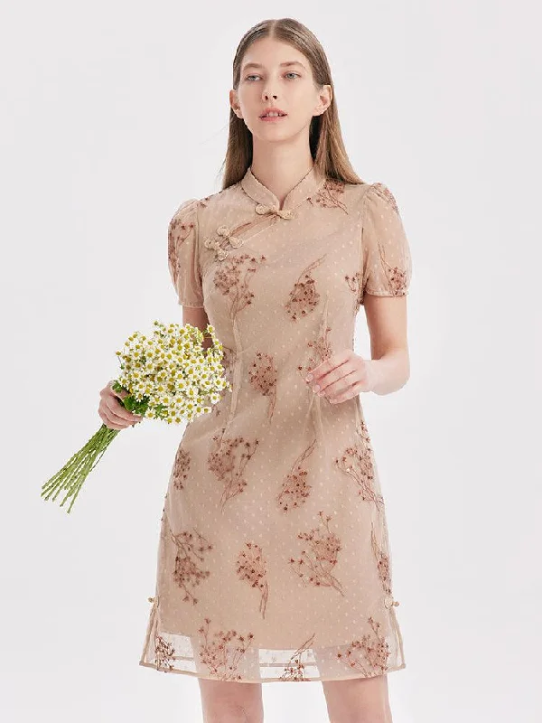 Cheongsam Embroidery Dress Crew Neckline Sporty