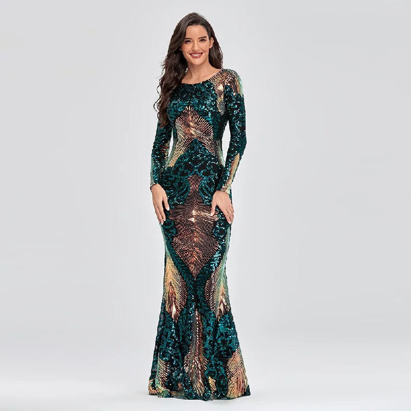 BerriesJam - O-neck Long-Sleeve Shinning Sequins Evening Dress Bodycon Club Sequined