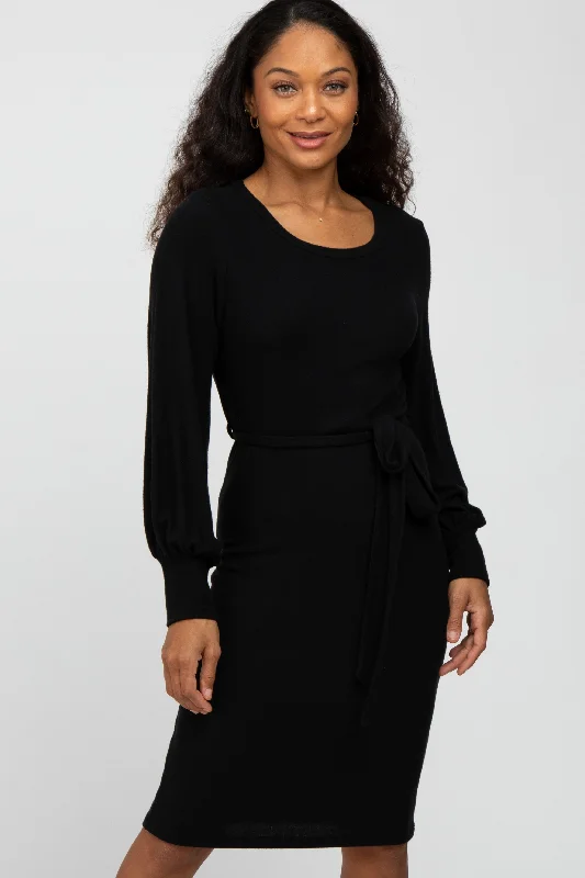Black Soft Brushed Waist Tie Bubble Sleeve Dress Tunics Sophisticated sleek