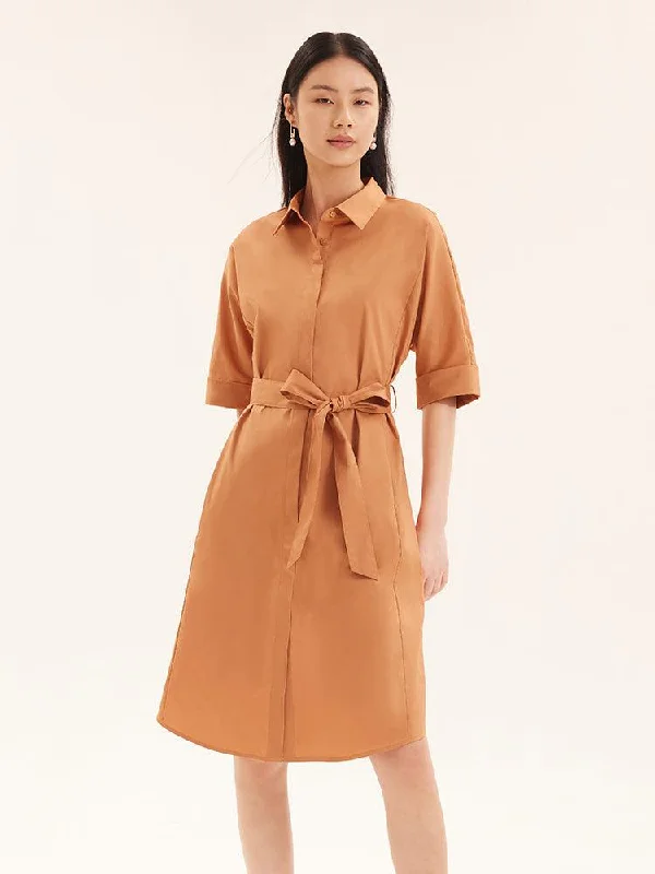 Shirt-Style Cotton Gathered Waist Dress Tunics Wedding white