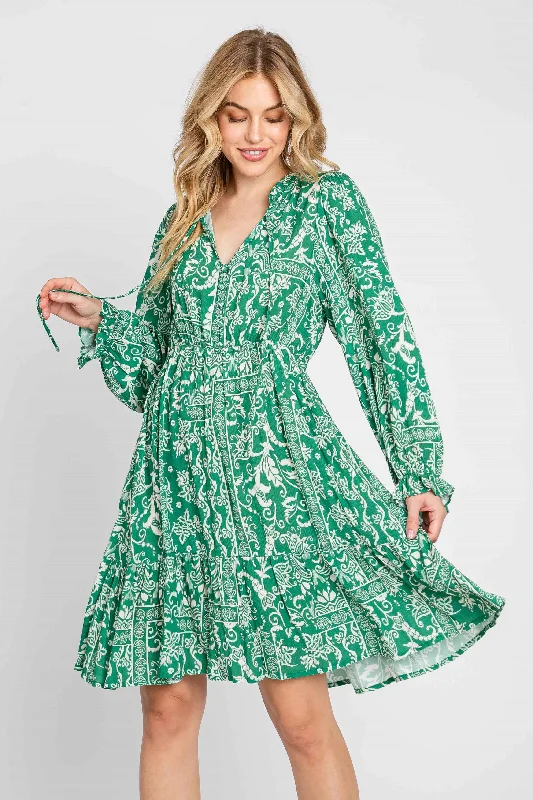 Green Paisley Floral Ruffle Neck Button Front Dress Tunics Solid Classic