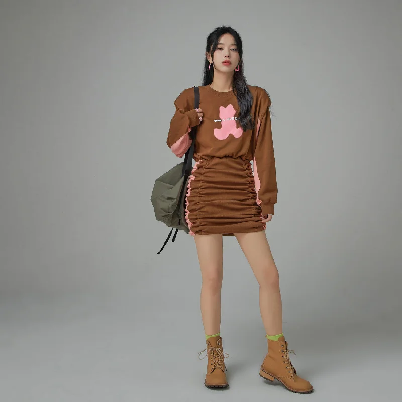 Teddy Bear Chuu Color Pleated Dress Tunics Business professional