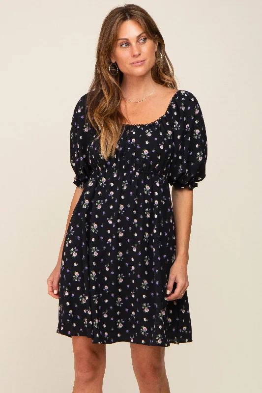 Black Floral Puff Sleeve Dress Tunics Seasonal trendy
