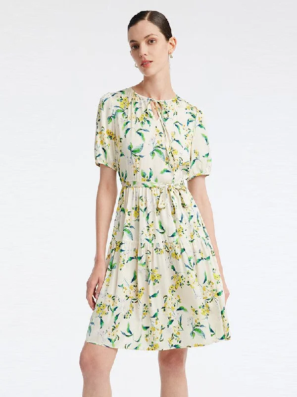 19 Momme Gathered Waist Silk Floral Dress Tunics stripes playful