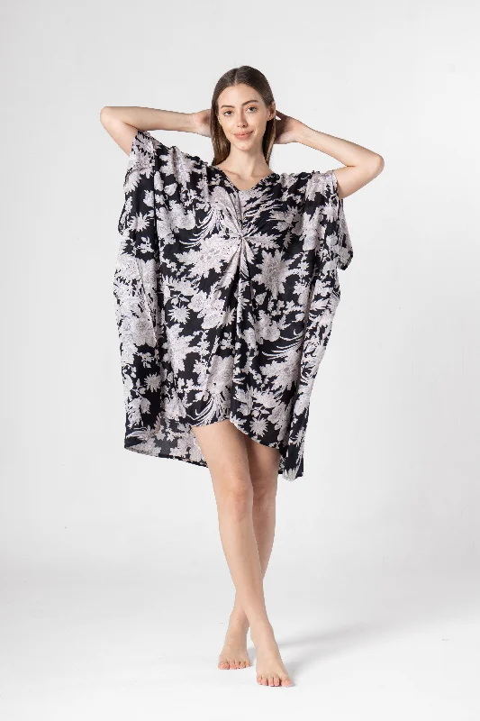 Black Flower Printed Night Dress Tunics Fall fleece