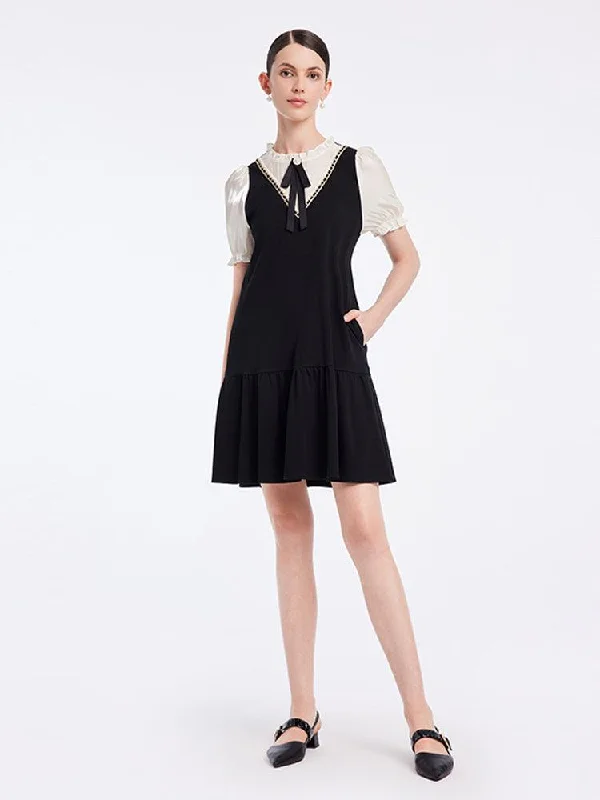 Commuter Style Knitted Patchwork Dress Cowl Neckline Elegant