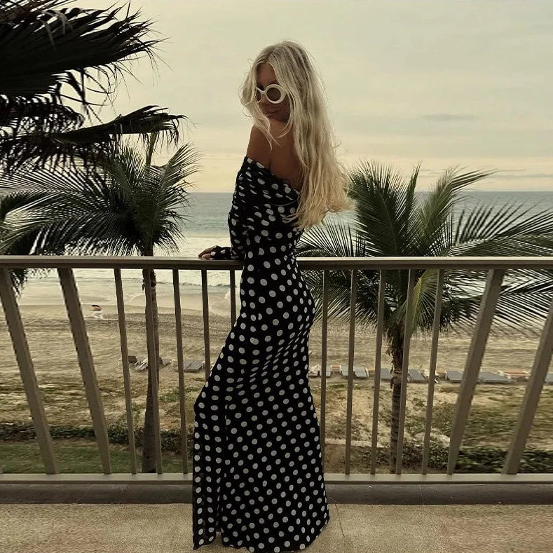 Polka Dot Off Shoulder Mesh Sleeve Long Dress Tunics Luxurious high-end