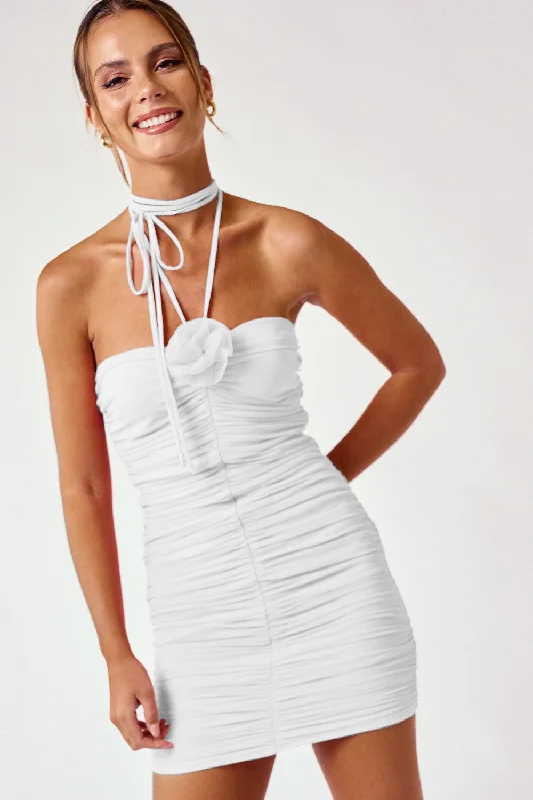 Mesh Ruching Mini Halter Dress Rose Detail in Blue Tunics Short Trendy