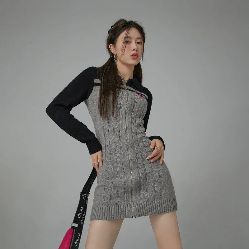 Twilight Zone Zip-Up Knit One Piece Dress Tunics Long Elegant