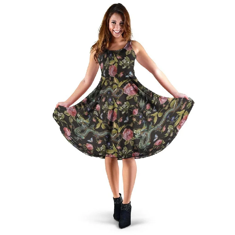 Janpanese Floral Dragon Print Dress Shift Classic Vintage