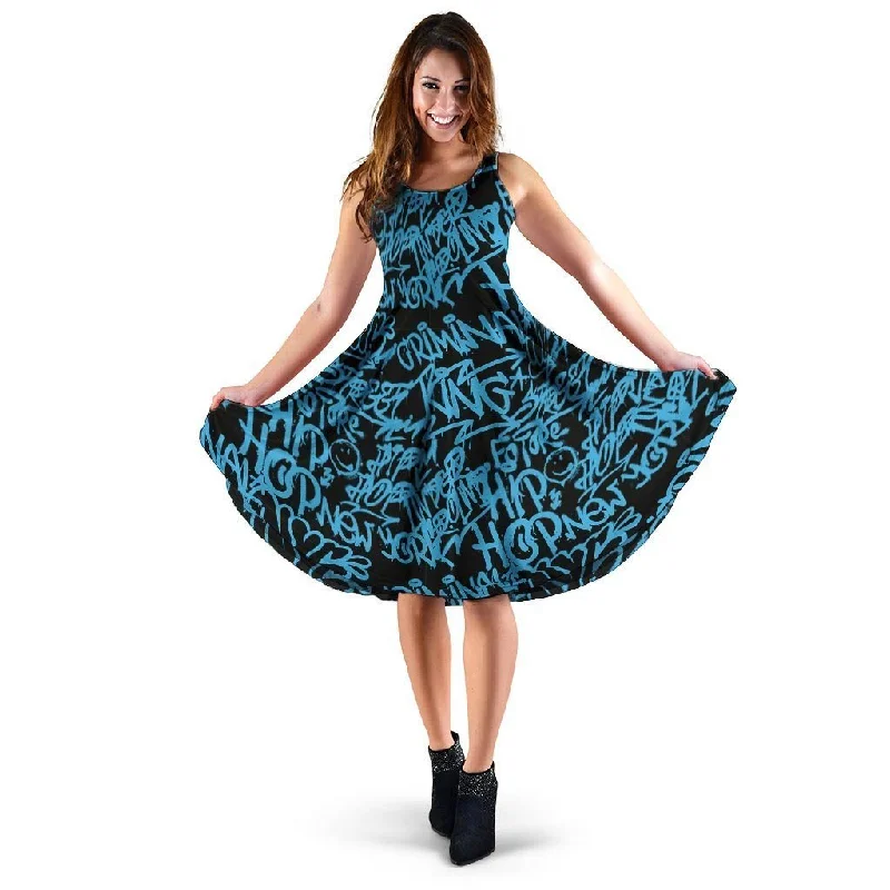 Hiphop Graffiti Blue Text Print Dress Tunics Fall fleece
