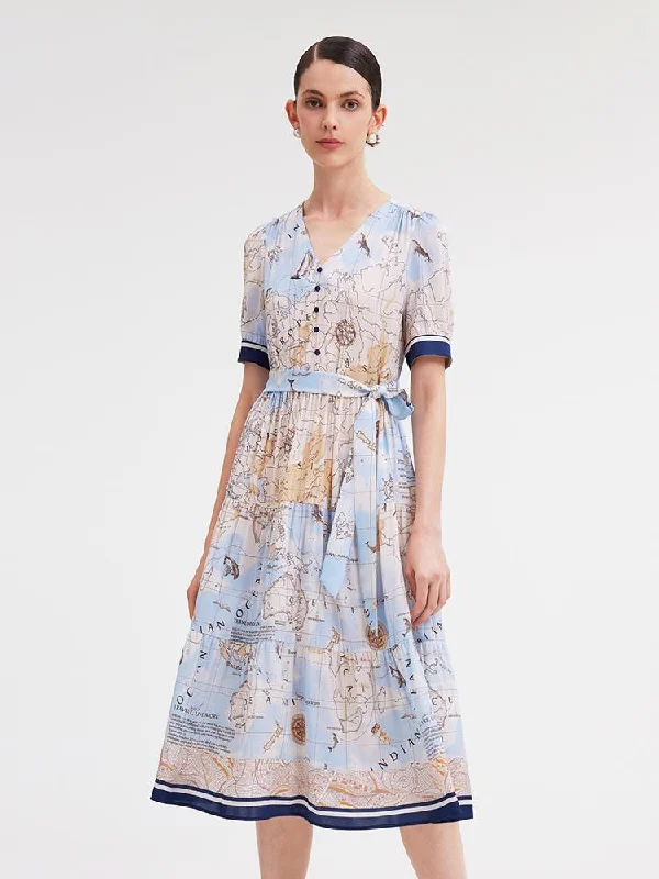 19 Momme Silk Map Printed Dress Floral Print girly