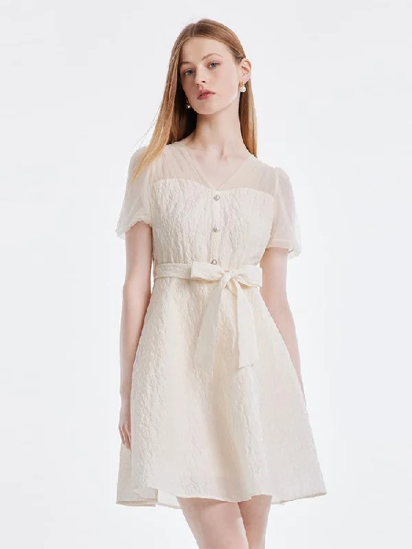 V-neck Mesh Patchwork Jacquard Dress With Belt Tunics New arrival