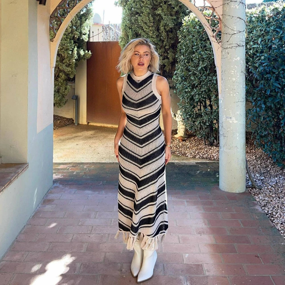 Stripe Knitted Tassel Sleeveless Long Dresses Tunics Vintage classic