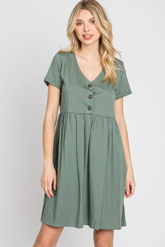 Olive Button Front Basic Dress Tunics Hiking breathable