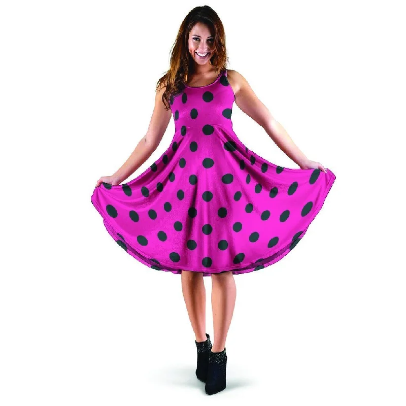 Pink And Black Polka Dot Dress Square Neckline Feminine