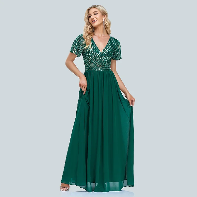 BerriesJam - Elegant V-Neck Sequins Chiffon Formal Evening Dress Tunics Sophisticated sleek