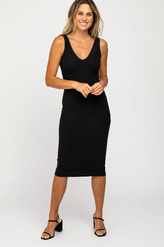 Black Sleeveless Ribbed Knit Fitted Dress Tunics Sophisticated sleek