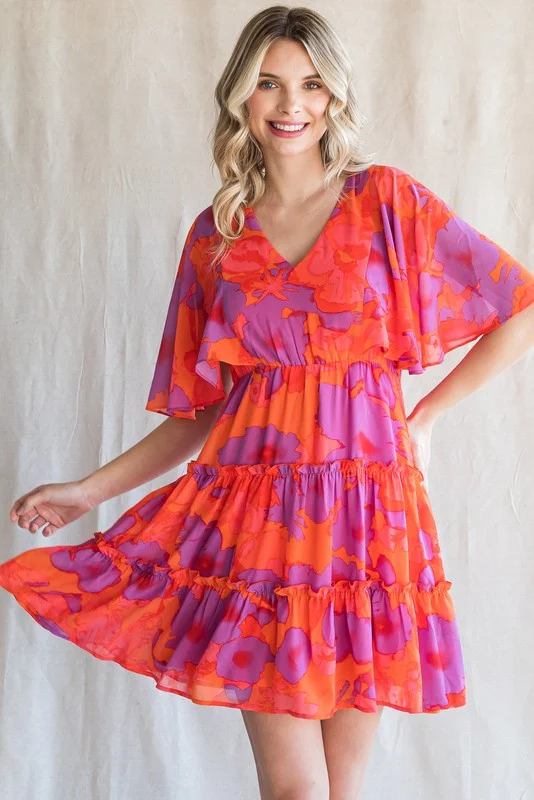 Orange Red Print Chiffon Short Bell Sleeves Dress Tunics Designer luxury
