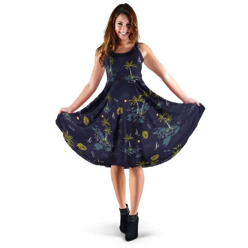 Island Palm Tree Hawaiian Print Dress Boat Neckline Classic