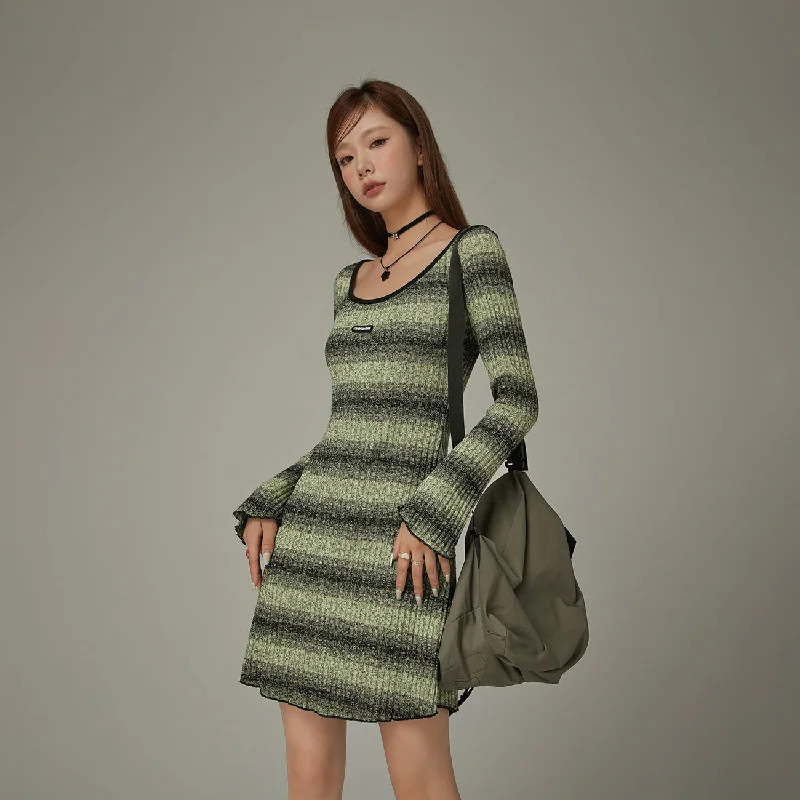 Striped Long Sleeve Knit Dress Turtleneck Neckline Stylish