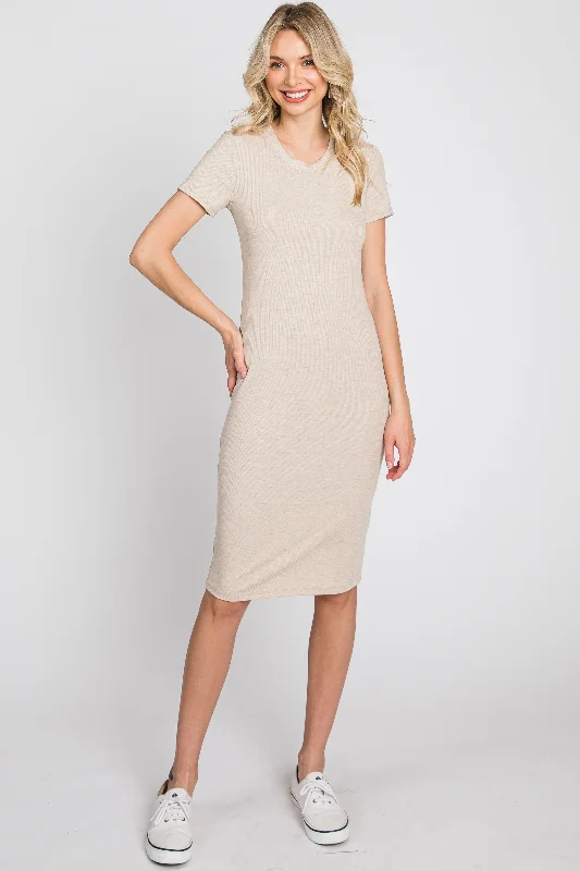 Beige Ribbed Fitted Dress Tunics Plaid country