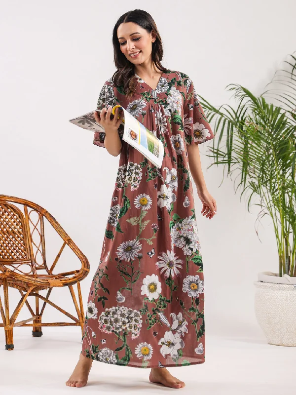 Brown flora Cotton Night Dress Boat Neckline Classic