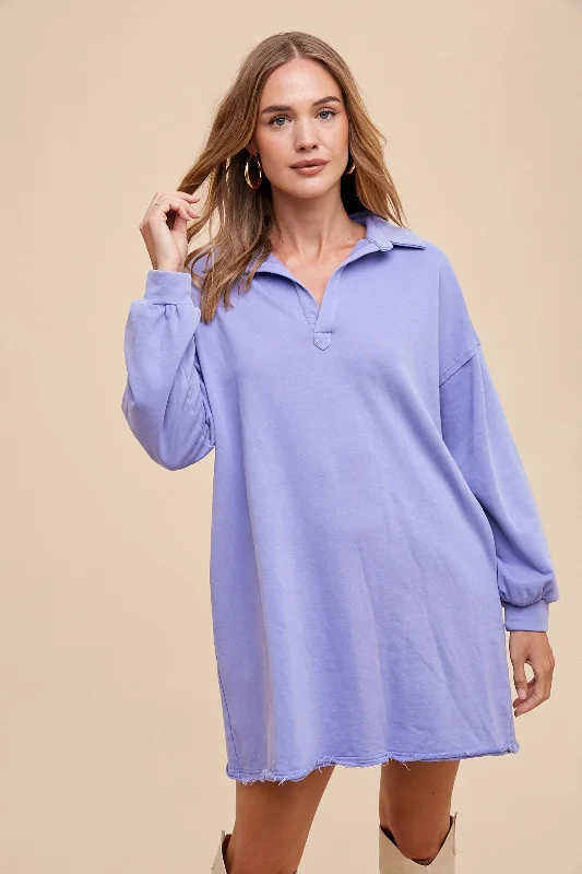 Periwinkle Collared French Terry Raw Edge Dress Tunics Plaid country