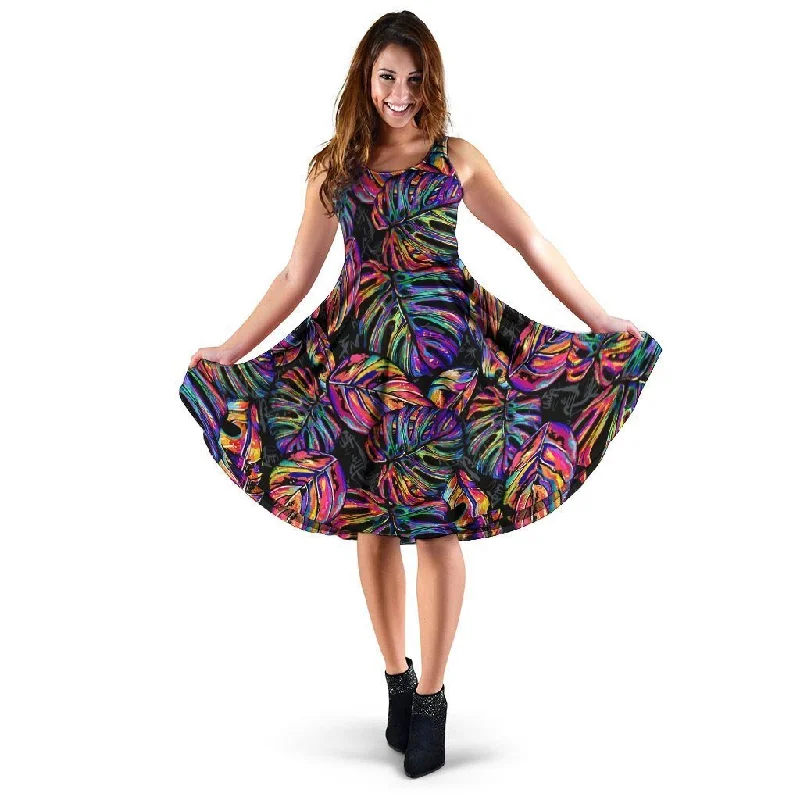 Neon Multicolor Palm Leaf Print Dress Tunics Chic fashionable