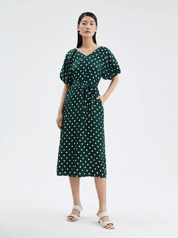 19 MM Pure Silk Polka Dots Mid-Calf Dress Tunics Designer luxury