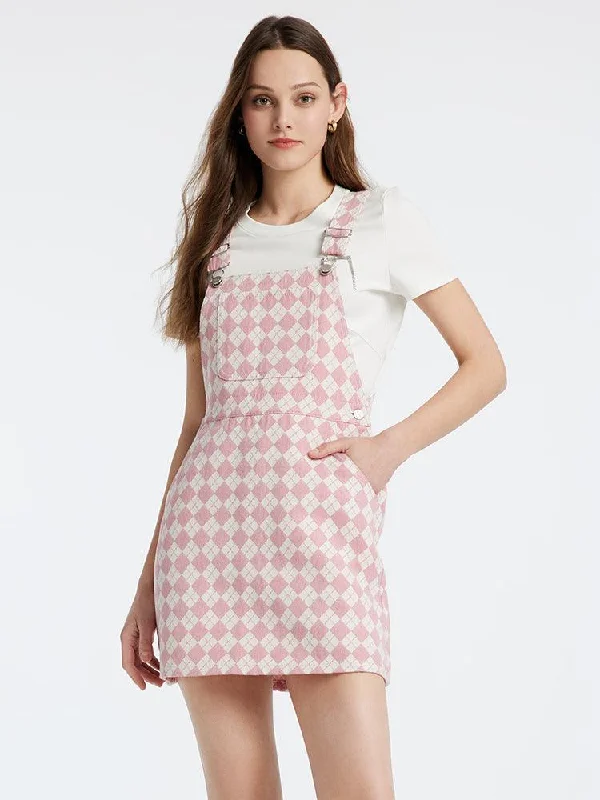 Pink Jacquard Denim Pinafore Dress Crew Neckline Casual