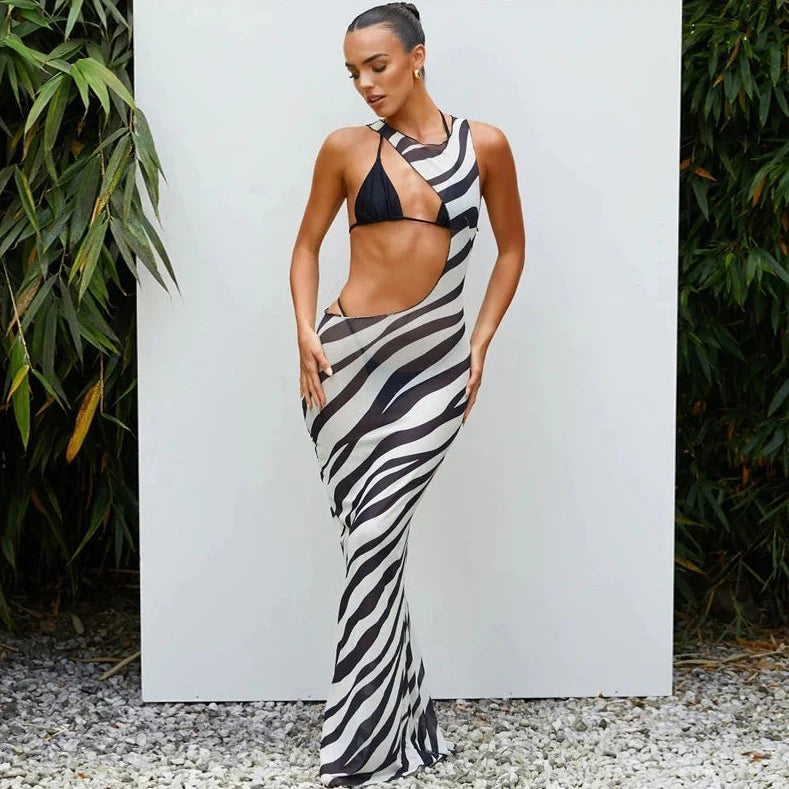 Zebra Striped See-through Long Dress Elegant Long Evening