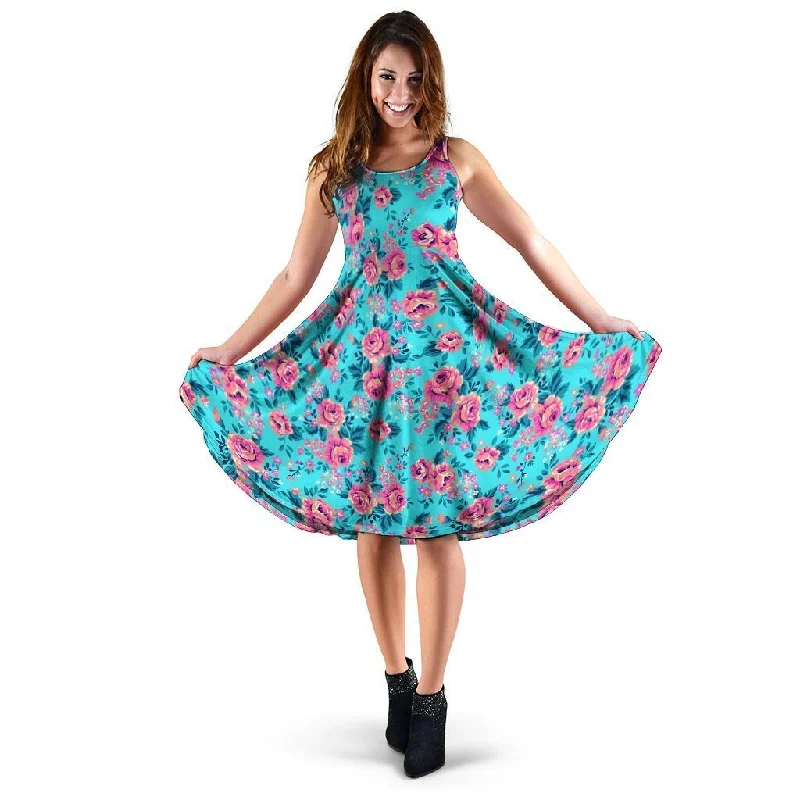 Pink And Blue Rose Floral Dress empire Waist empire