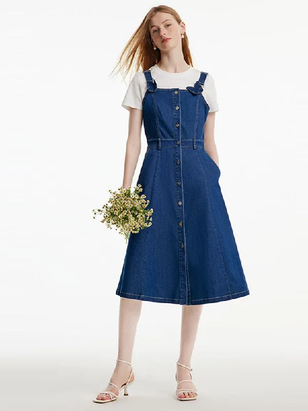 Denim Pinafore Dress With Bow Tie Tunics Mesh breathable