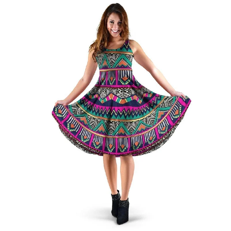 Multicolor Native Aztec Doodle Abstract Dress Tunics Silk luxurious