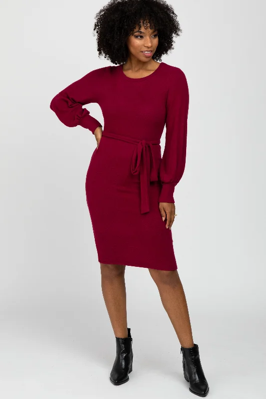 Burgundy Soft Brushed Waist Tie Bubble Sleeve Dress Tunics Modern contemporary