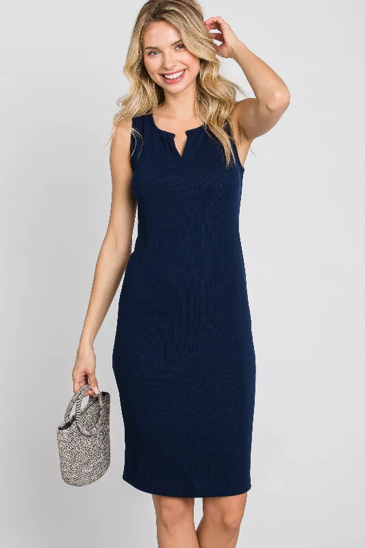 Navy Blue Ribbed V-Neck Dress Shift Classic Vintage