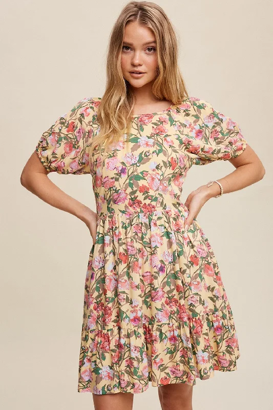 Cream Floral Print Puff Sleeve Dress With Back Tie Tunics Running lightweight