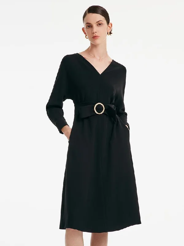 Acetate V-neck Long-sleeved Dress With Belt Tunics Occasion special