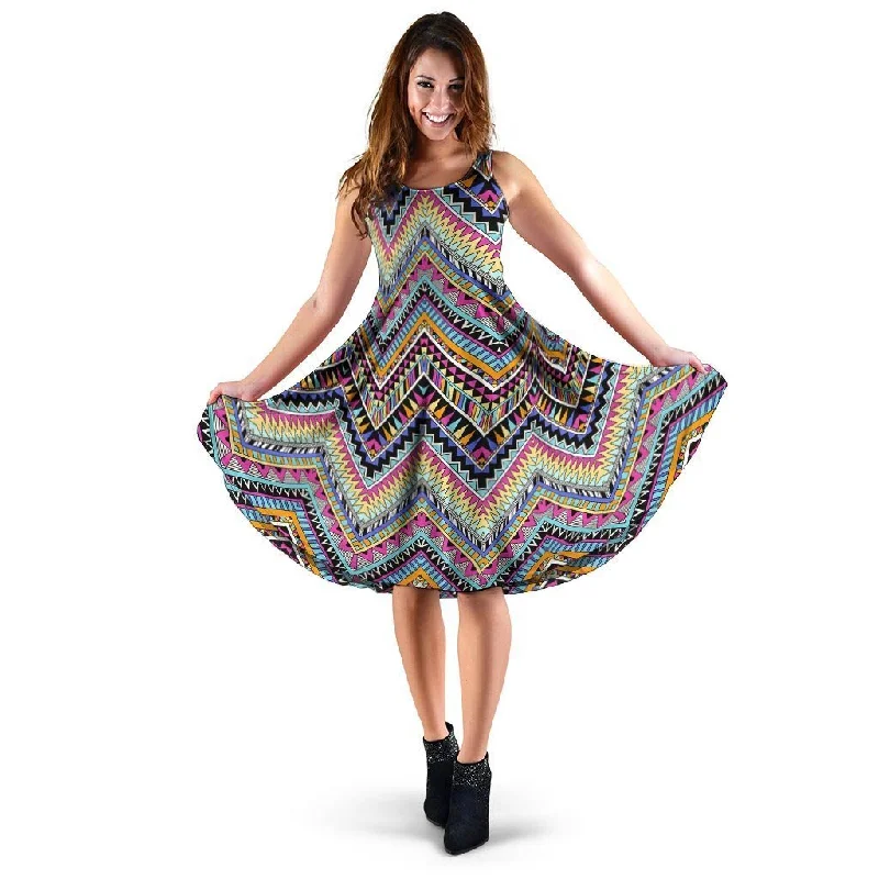 Multicolor Zigzag Indian Aztec Dress Cowl Neckline Elegant