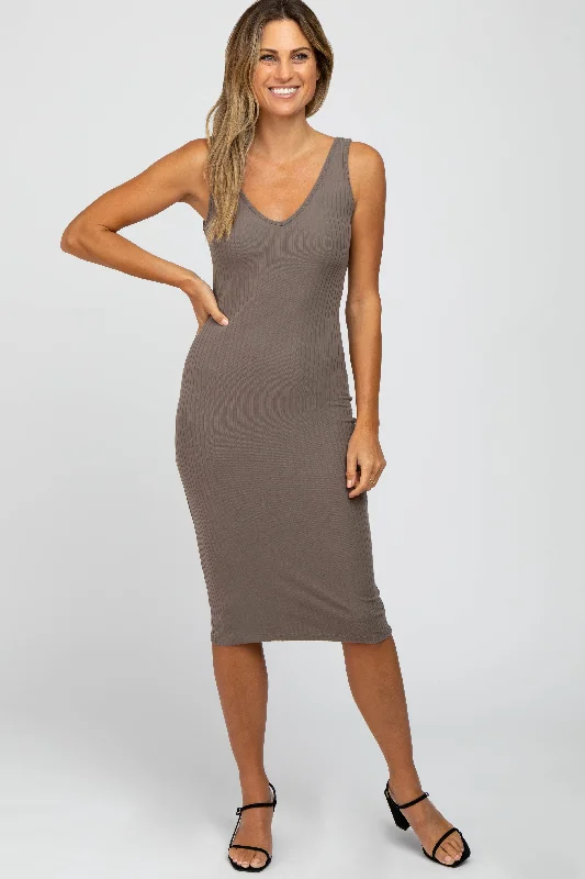 Taupe Sleeveless Ribbed Knit Fitted Dress Tunics Versatile all-occasion