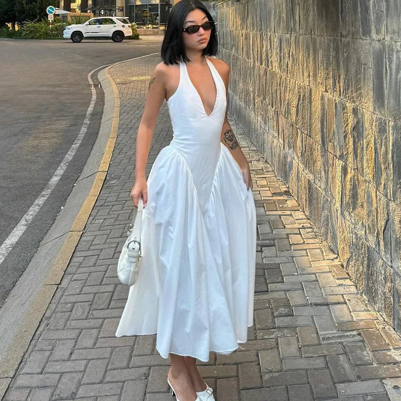 Halter Deep V Sleeveless Long Dress Shift Classic Vintage